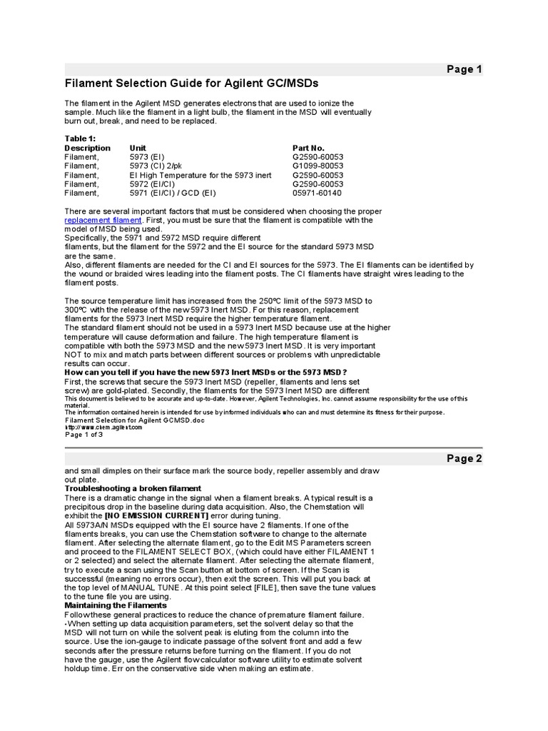 Agilent GC/MSD Filament Selection Guide | PDF | Incandescent Light Bulb ...