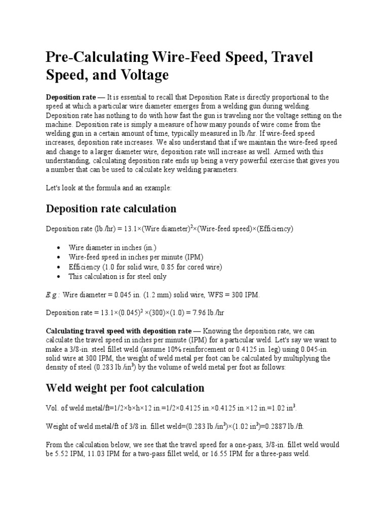 PreCalculating WireFeed Speed, Travel Speed, and Voltage Deposition