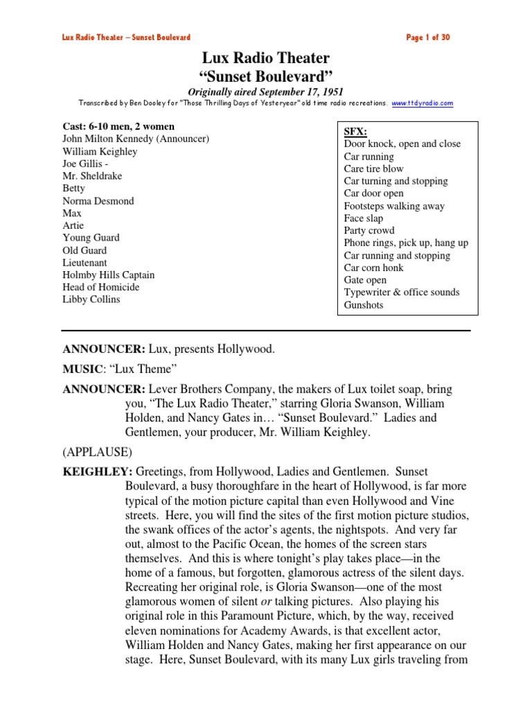 Sunset Boulevard Lux Radio Theatre Script PDF