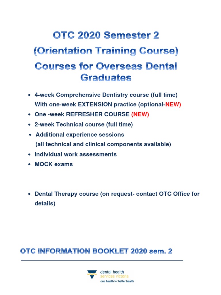 OTC COURSES 2020 Information Booklet PDF PDF Payments Dental