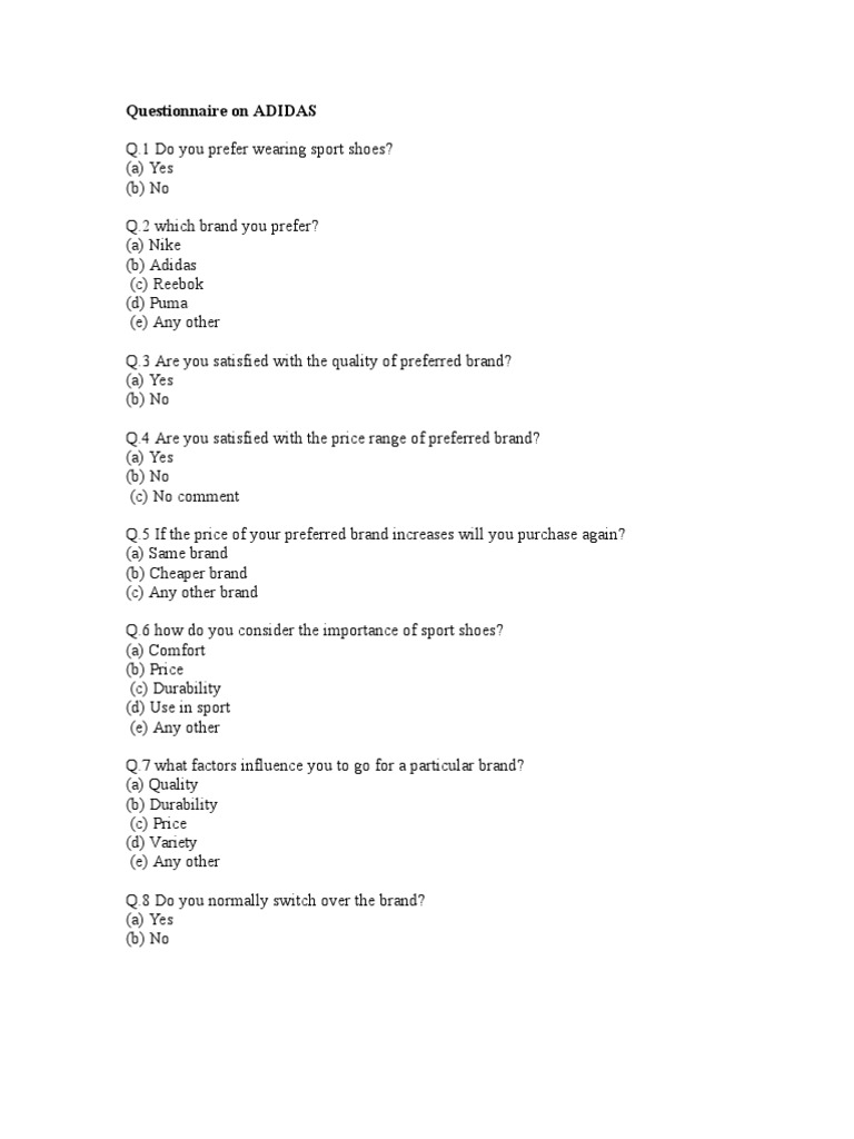 Questionnaire on Sports Shoes