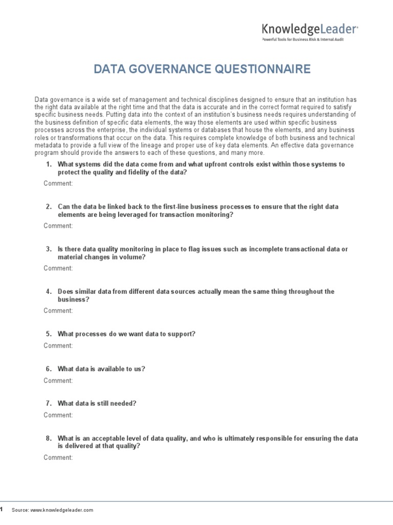Data Governance Assessment Questionnaire | PDF | Data | Data Quality