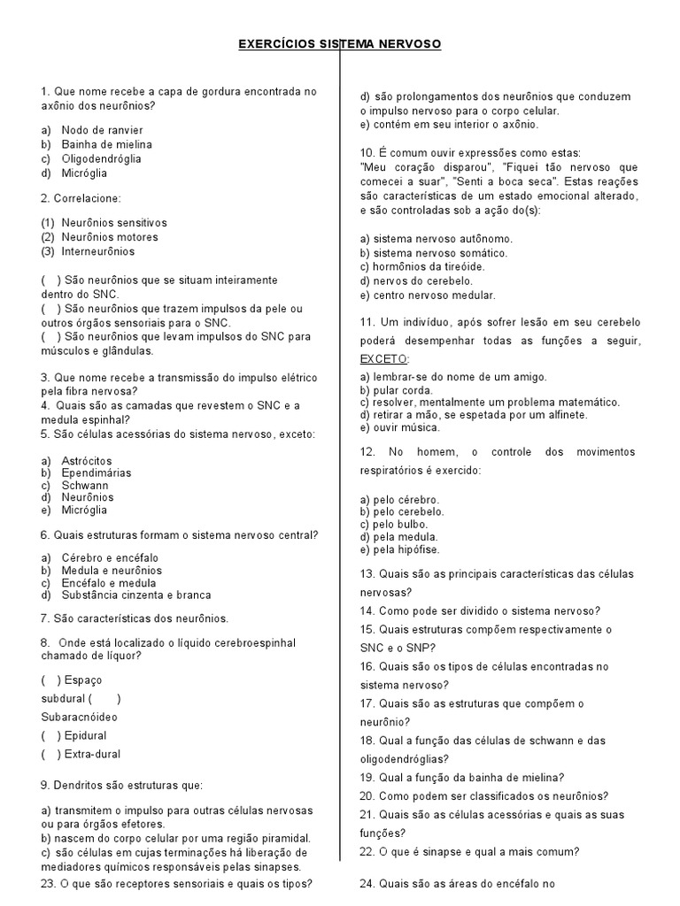 Exercicios de Sistema Nervoso | PDF | Sistema nervoso central | Nervo
