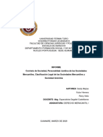 Informe Contrato de Sociedad, Personalidad Jurídica de Las Sociedades Mercantiles y Clasificación Legal de Las Sociedades Mercantiles