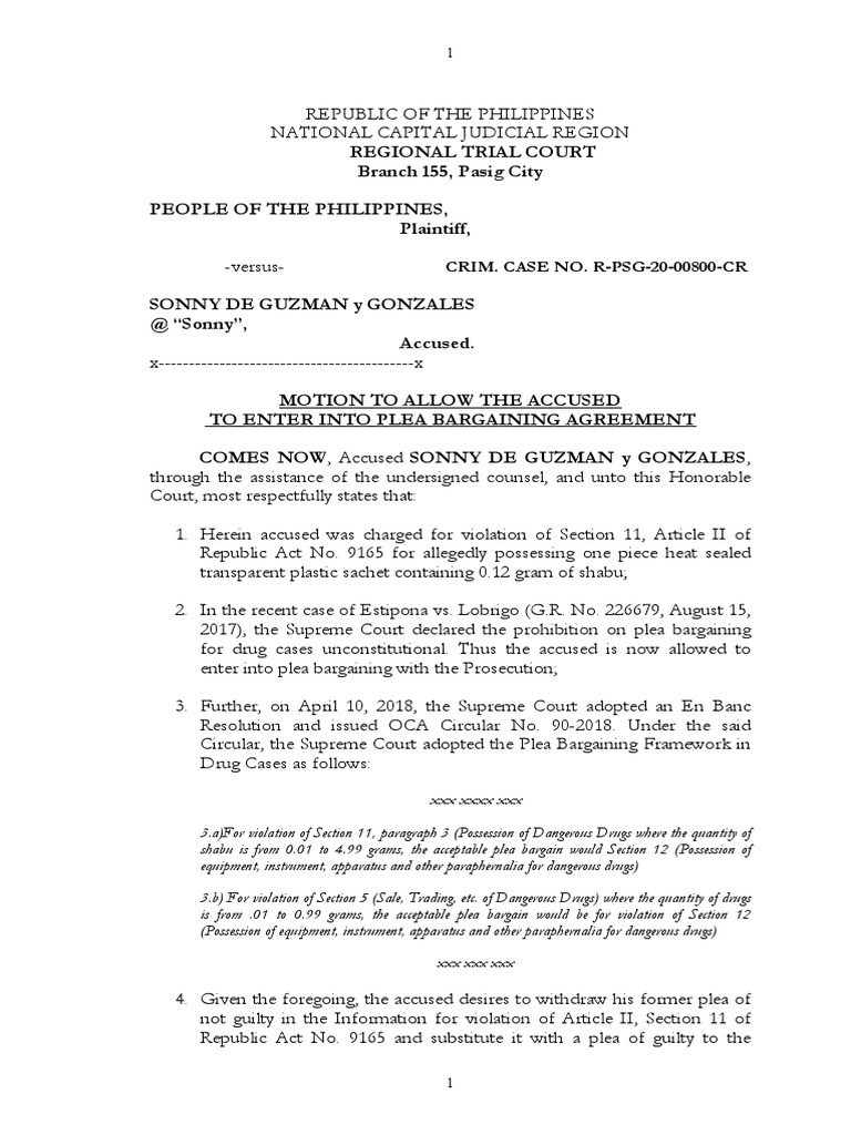 Plea Bargaining Motion for Sonny De Guzman | PDF | Plea | Plea Bargain