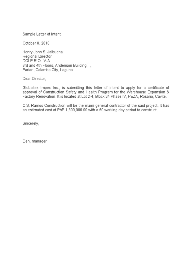 General Letter Of Intent