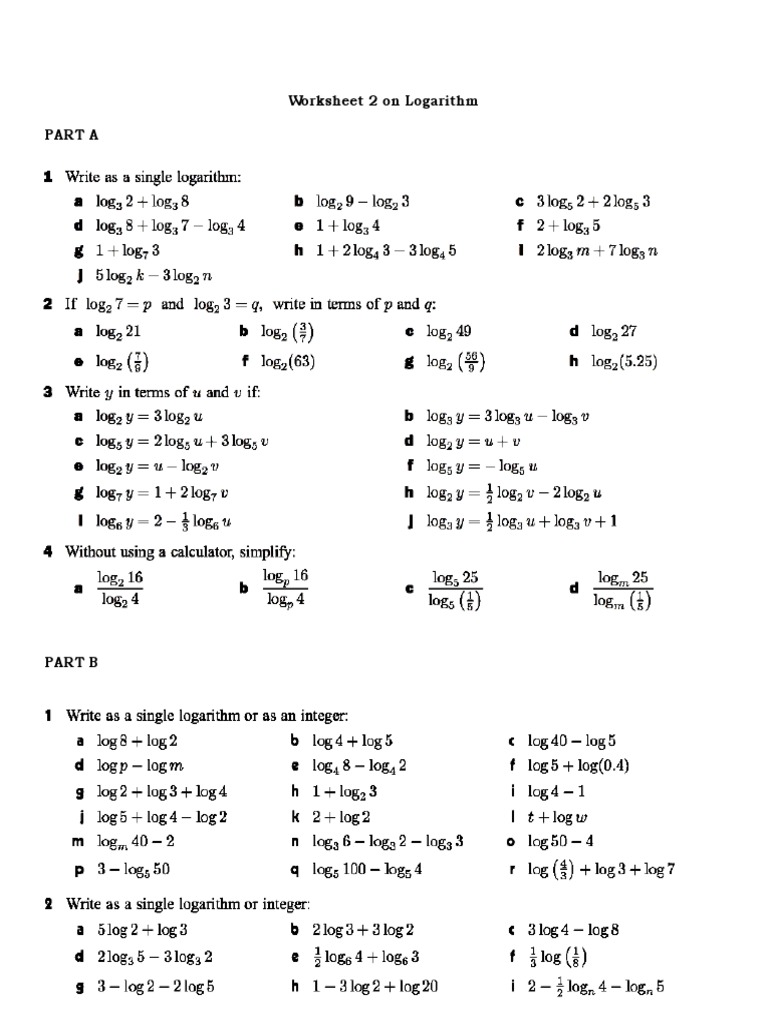 Worksheet 2 On Logarithm Part A | PDF