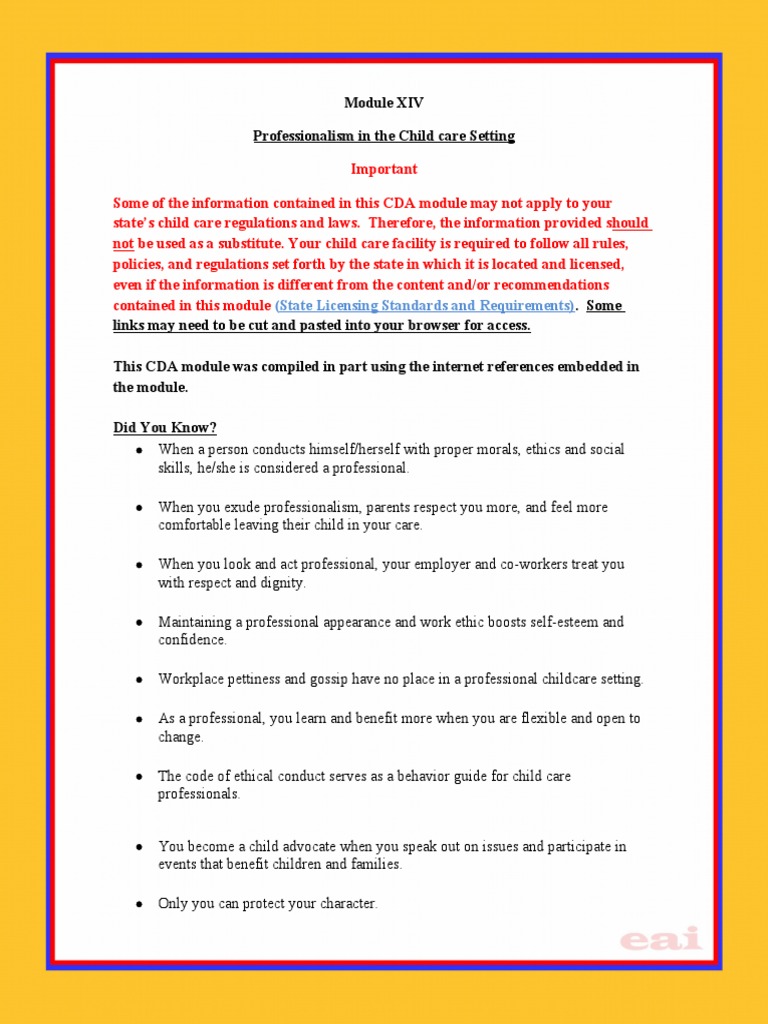 FCC - Module XIV Professionalism in The Child Care Setting | PDF ...