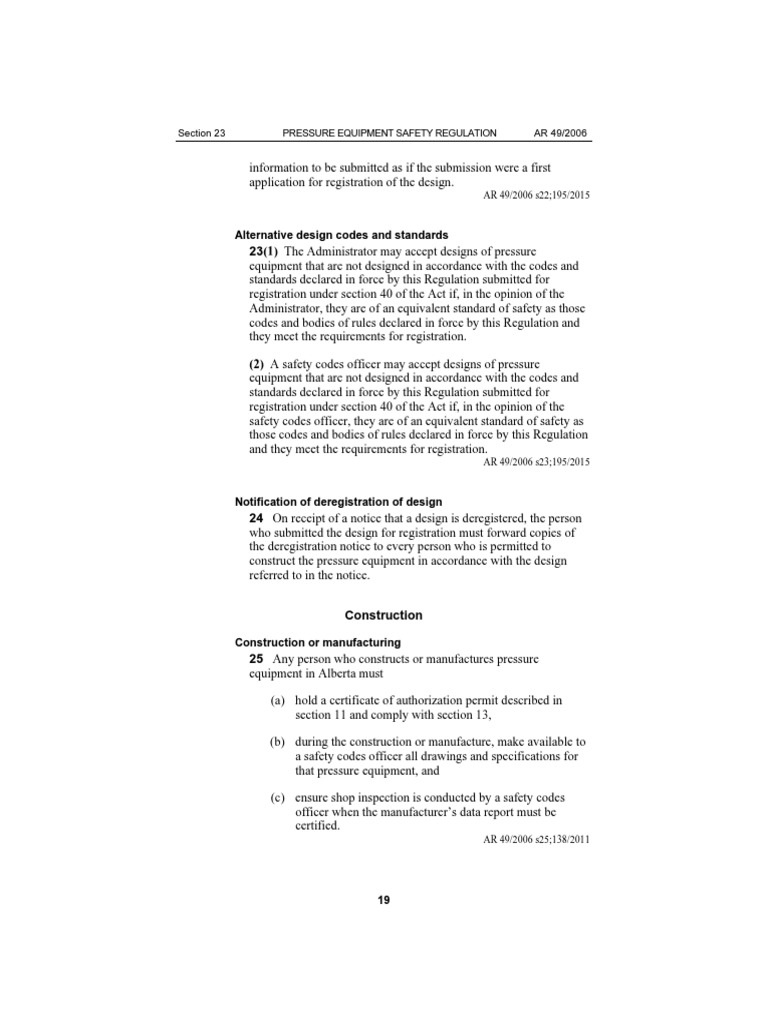 Alternative Design Codes and Standards Section 23 AR 49/2006 Pressure