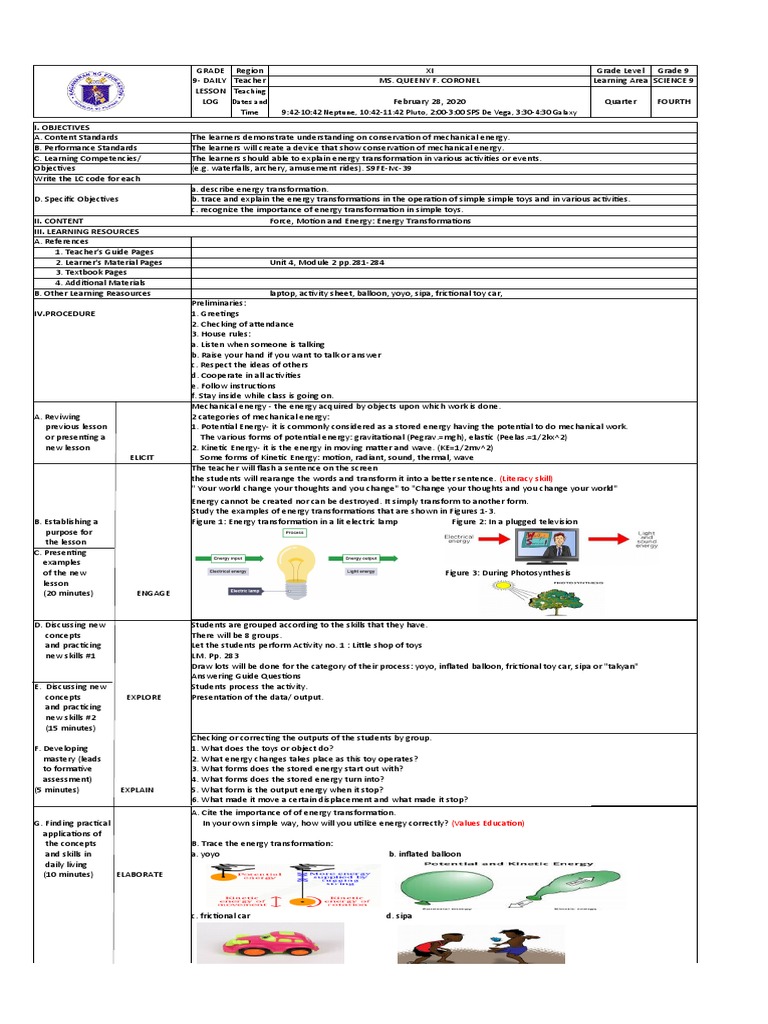 Grade 9 Science: Energy Transformations Lesson | PDF | Kinetic Energy ...