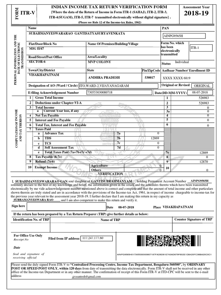 Itr-V: (Please See Rule 12 of The Income-Tax Rules, 1962) | PDF ...