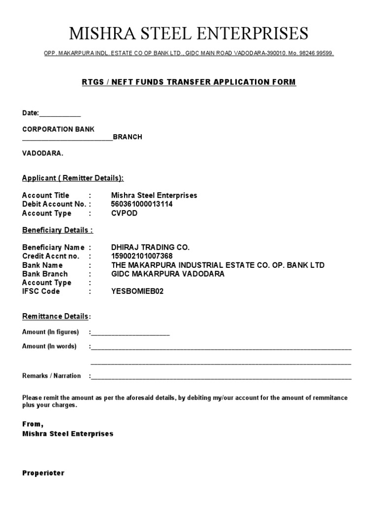 Rtgs Form For Corporation Bank | PDF | Banks | Banking