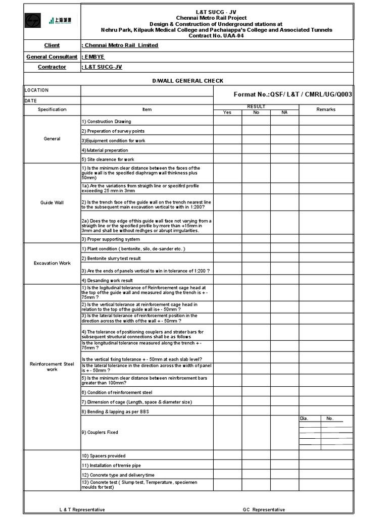 Diaphragm Wall Quality Check Report | PDF | Engineering Tolerance ...
