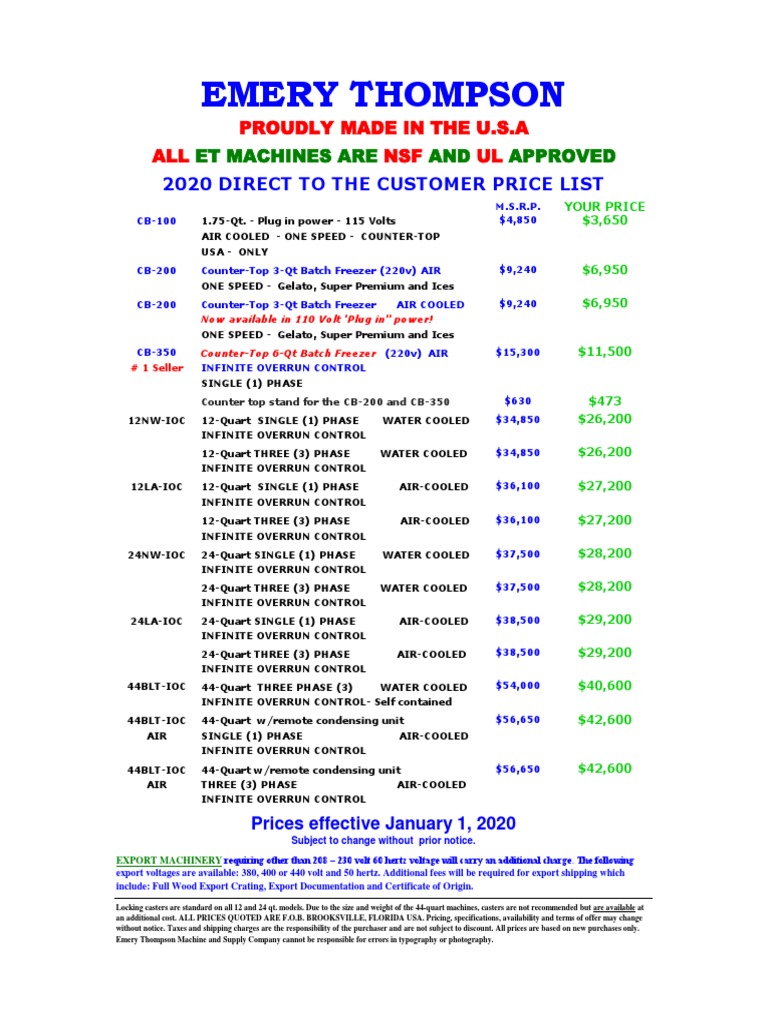 Emery Thompson 2020 Direct to the Customer Price List for Batch