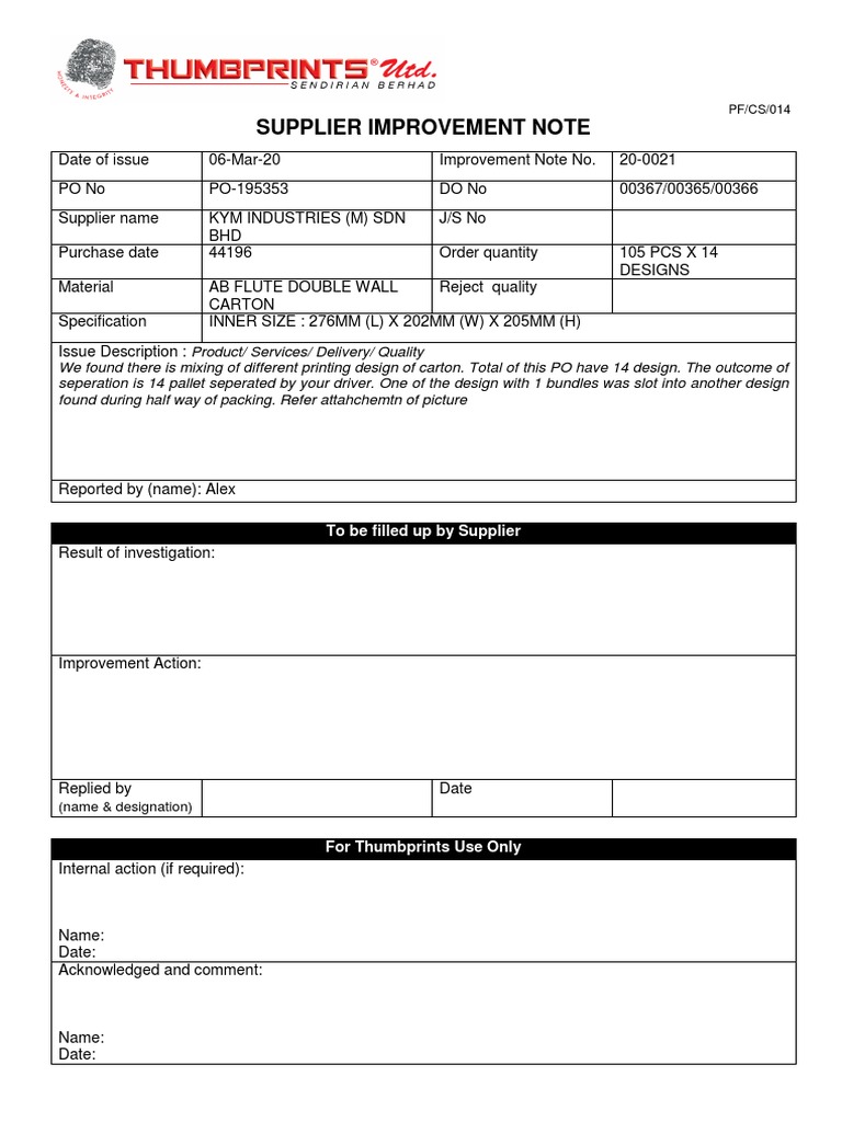 Supplier Improvement Note: To Be Filled Up by Supplier | PDF ...