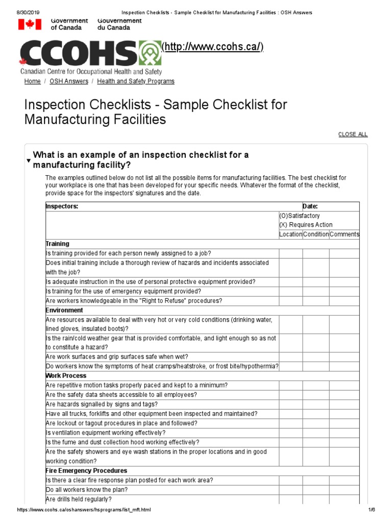 Inspection Checklists Sample Checklist For Manufacturing Facilities