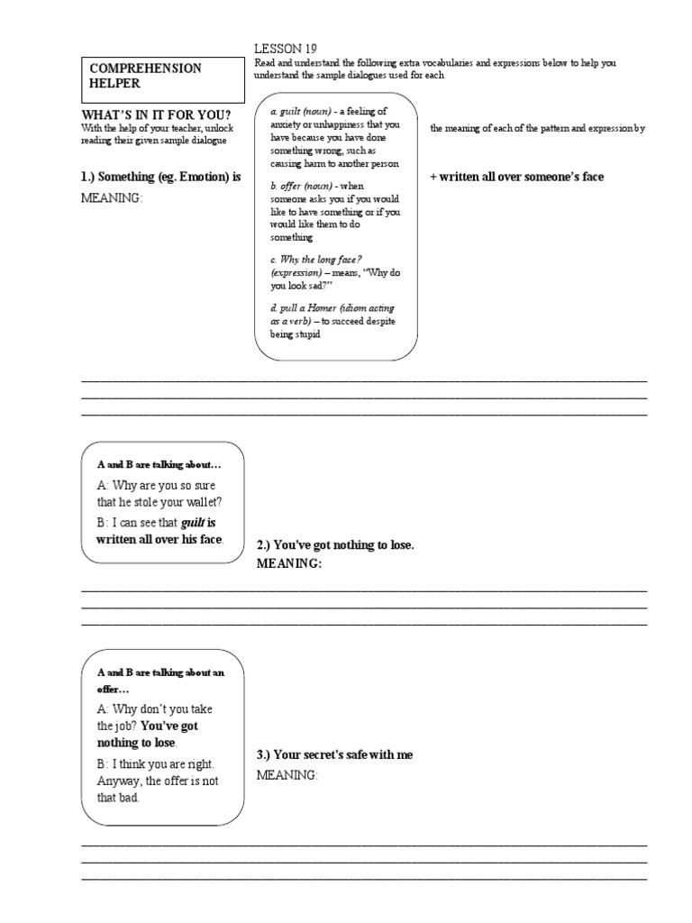 Comprehension Helper A. Guilt (Noun) A Feeling of PDF Face