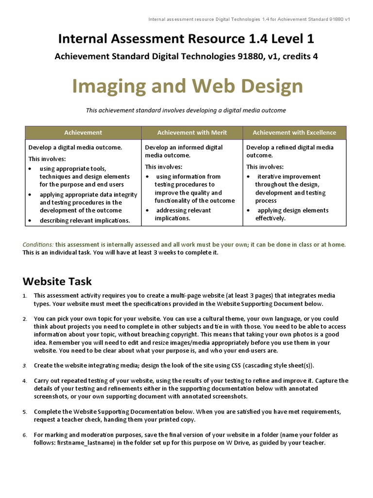 Imaging and Web Design: Internal Assessment Resource 1.4 Level 1 | PDF ...