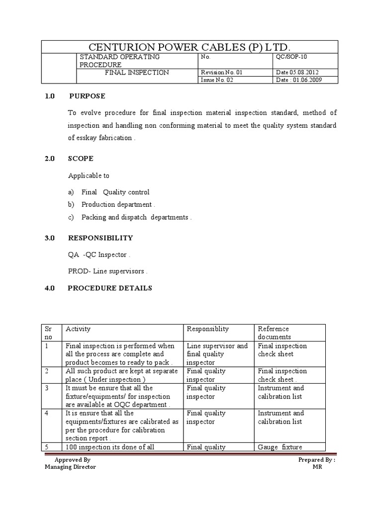 SOP10 Final Inspection Procedure PDF Calibration Business Process