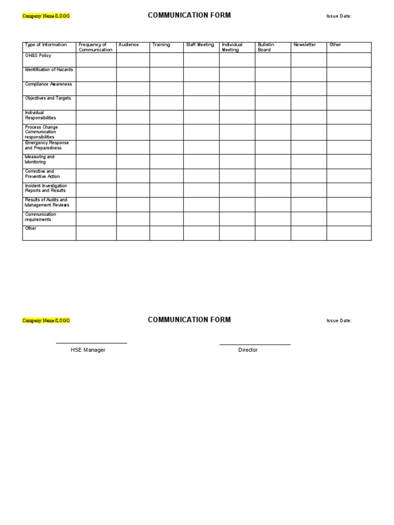 HSE Communication Form Template | PDF