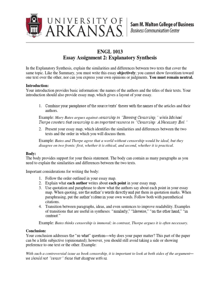 ENGL 1013 Essay Assignment 2 Explanatory Synthesis PDF Censorship