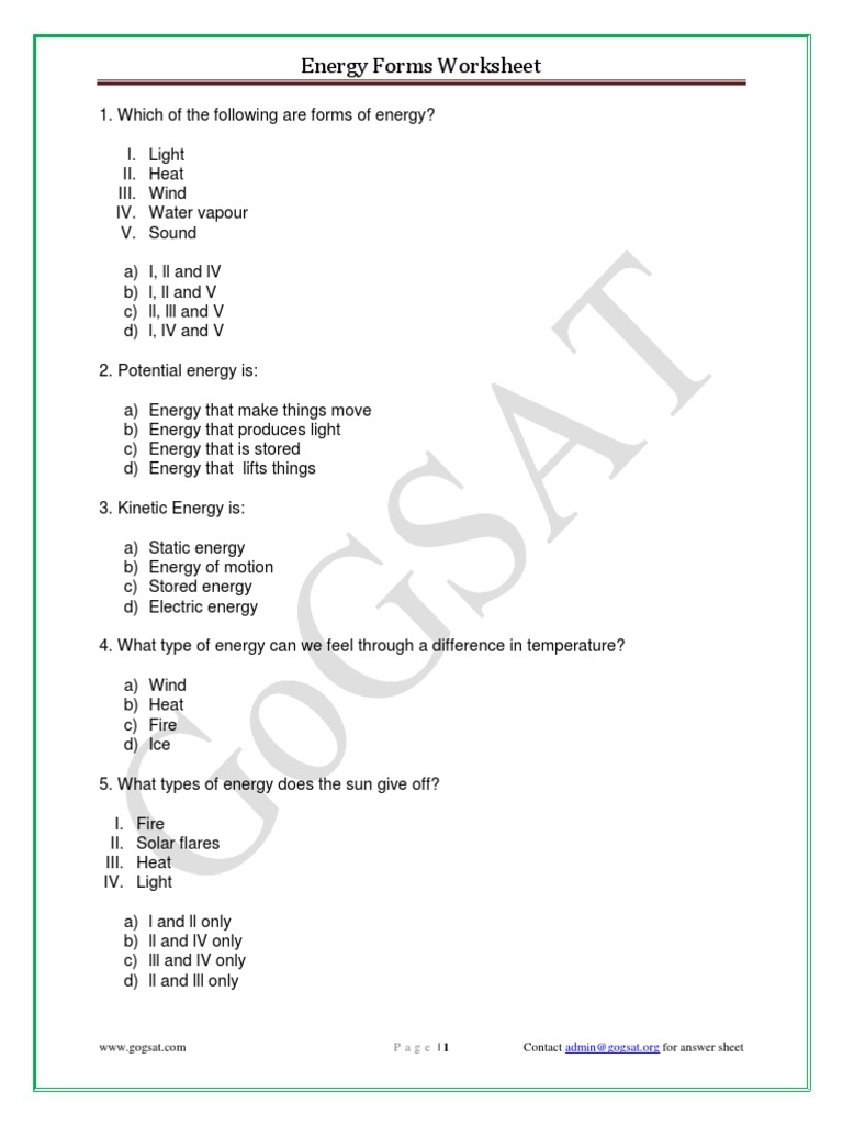 Energy Forms Worksheet: - 1 Contact For Answer Sheet | PDF | Science ...