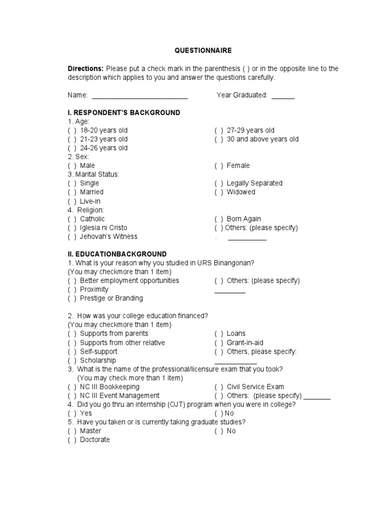 Questionnaire Directions: Please Put A Check Mark in The Parenthesis or ...