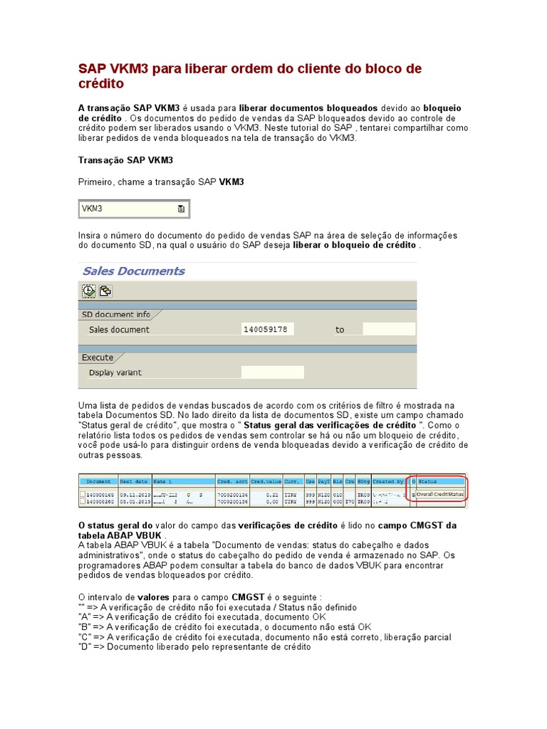 Manual SAP VKM3 para Liberar Ordem Do Cliente Do Bloco de Crédito