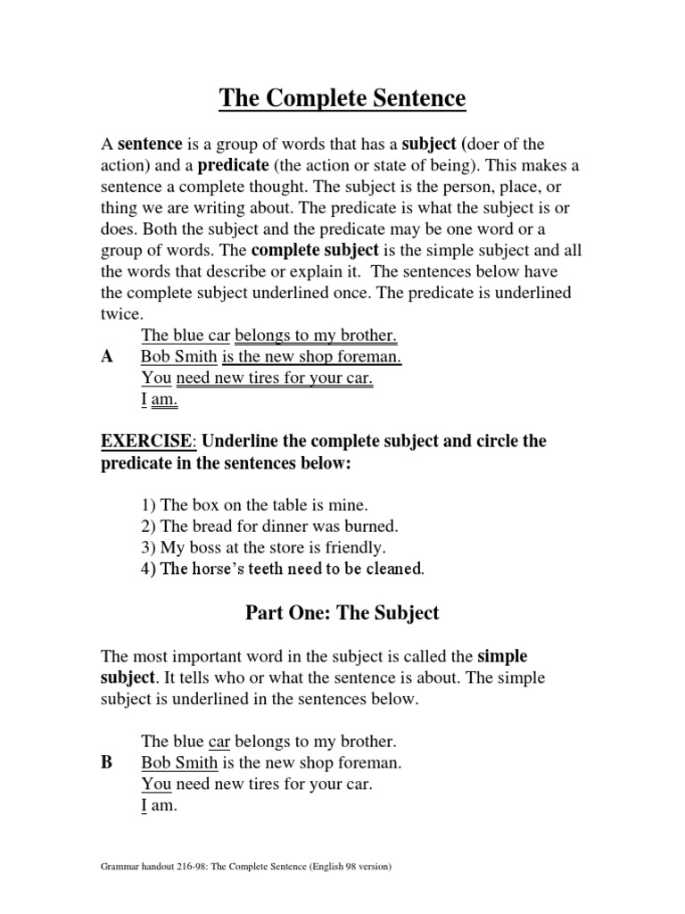 Understanding Complete Sentences | PDF | Predicate (Grammar) | Subject ...