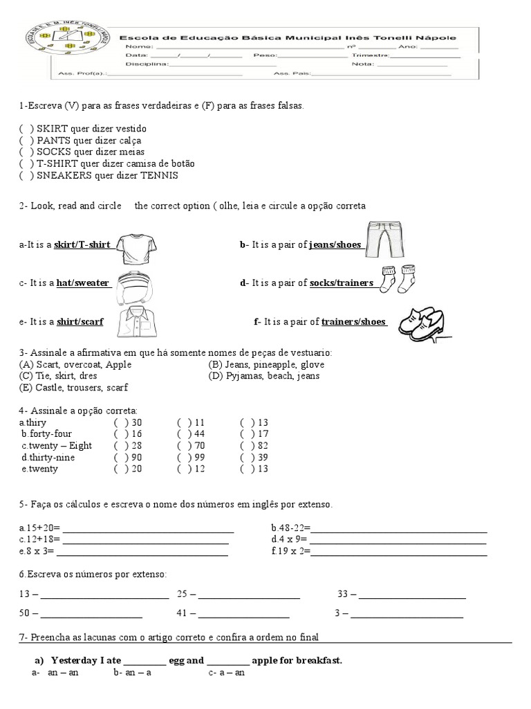 Prova de Ingles 4 Ano | Download grátis PDF | Roupas | Bens de consumo