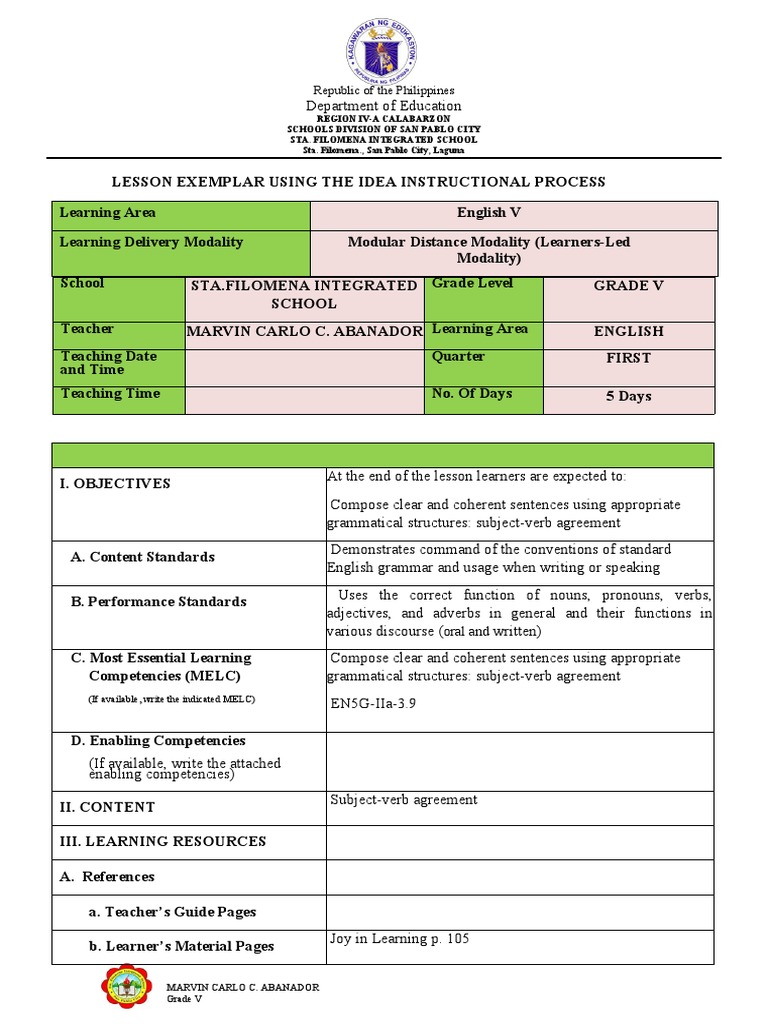 English G 5 Q1 Melc 4 Grammatical Number Plural