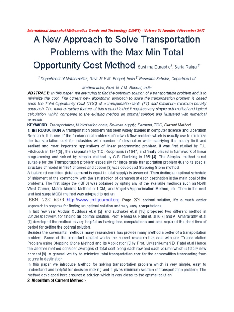 A New Approach To Solve Transportation Problems With The Max Min Total ...