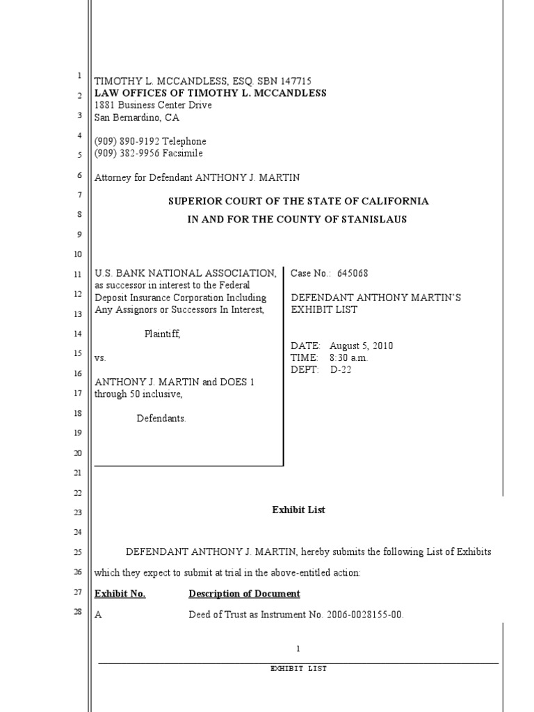 California Trial Exhibit List for Martin | PDF | Common Law | Private Law