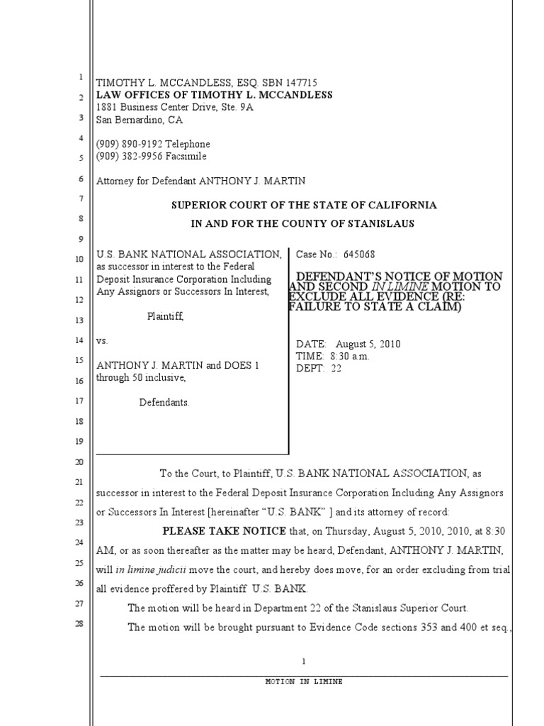 Our Motion in Limine to Exclude All Evidence Pleading Foreclosure