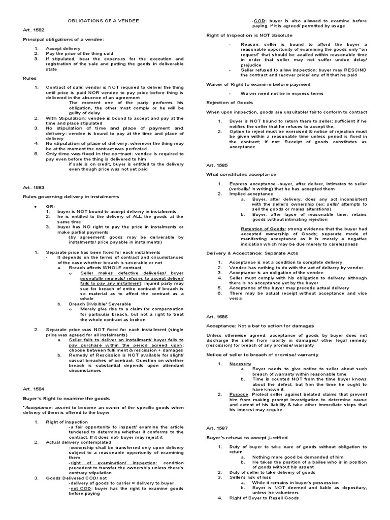 Obligations of A Vendee PDF Breach Of Contract Damages