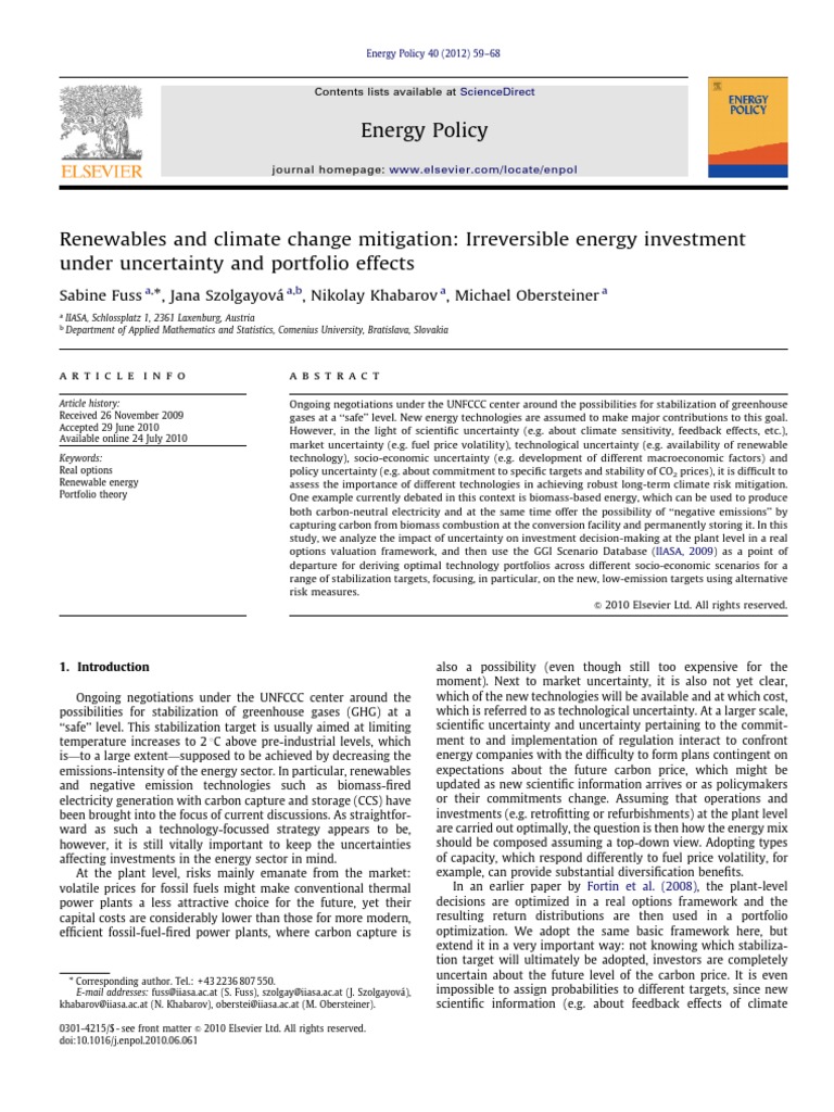 Renewable and Climate Change Mitigation Irreversible Energy Investment ...