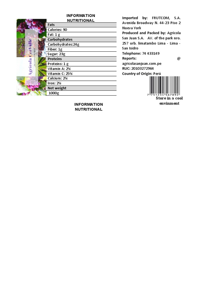 Nutritional Information for Peruvian Product | PDF