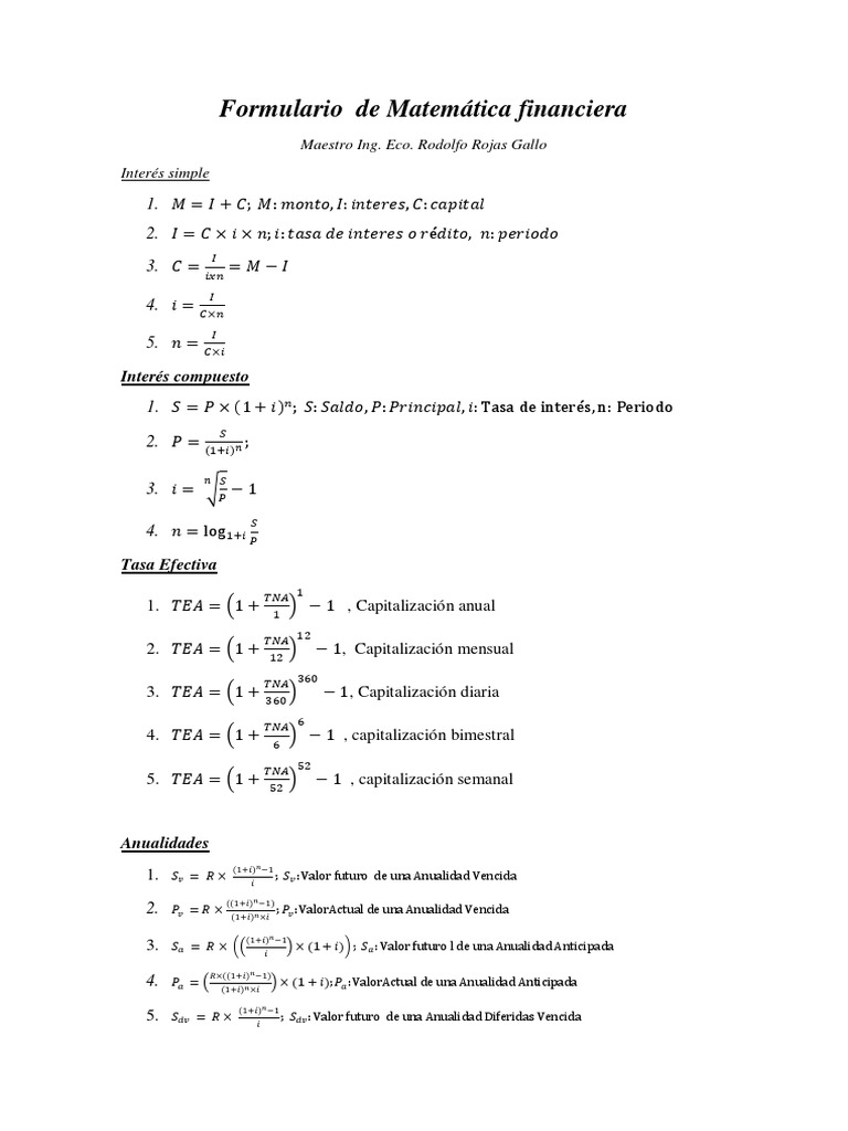 Formulario de Matemática Financiera | PDF | Depreciación | Activo fijo