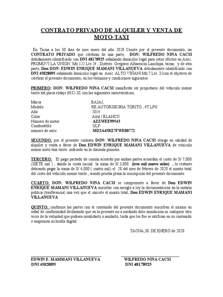 Contrato de Alquiler y Venta de Moto-Taxi | PDF