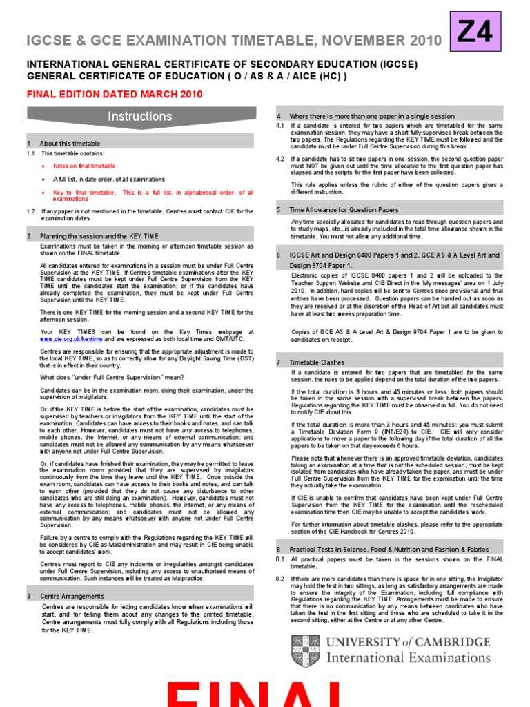 Zone 4 November 2010 IGCSE - GCE Final Timetable | PDF