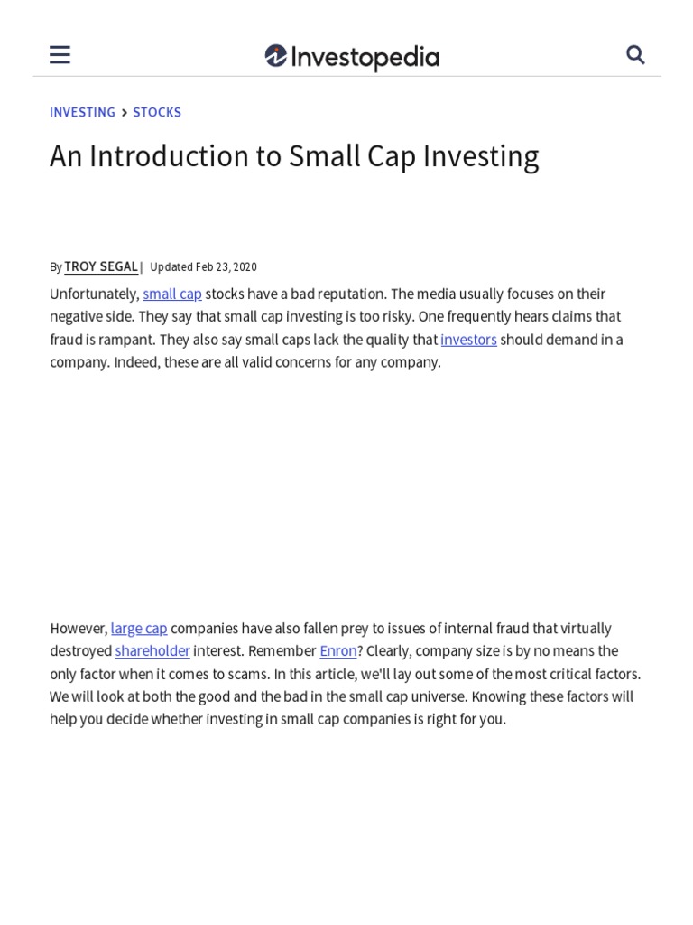 An Introduction To Small Cap Investing Pdf Investor Index Fund