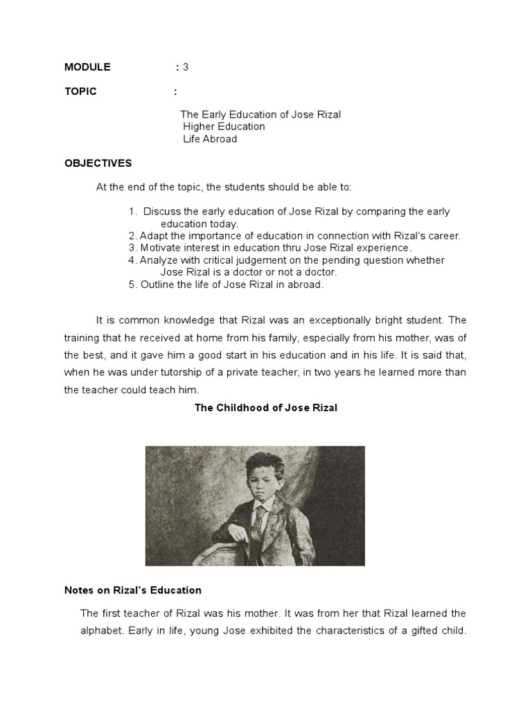 Early Education of Jose Rizal | PDF