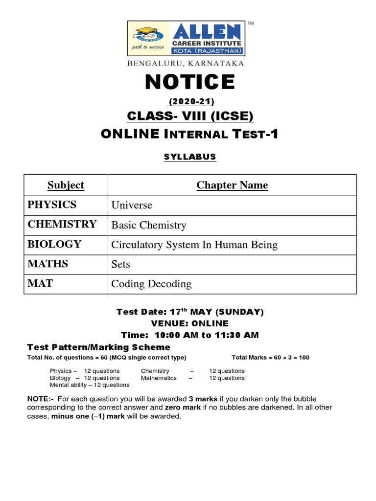 Class VIII Online Test Notice 2021 | PDF