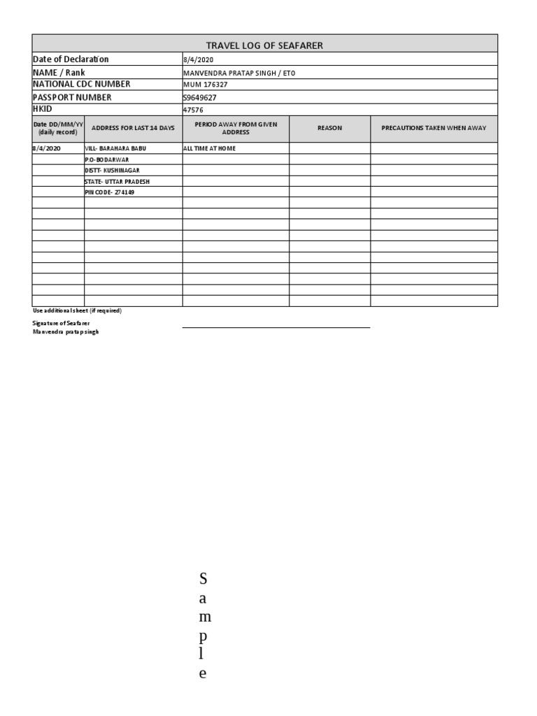 Seafarer Travel Log: Manvendra Singh | PDF