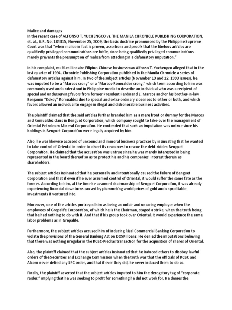 ALFONSO T. YUCHENGCO vs. THE MANILA CHRONICLE PUBLISHING CORPORATION