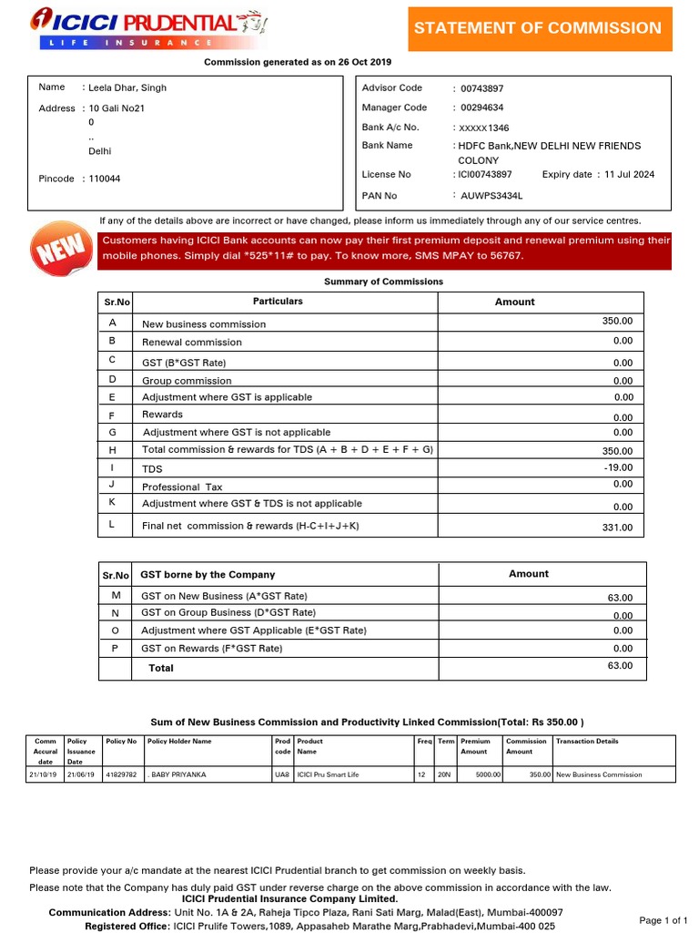 ICICI Bank Commission Statement Summary | PDF | Insurance | Government ...