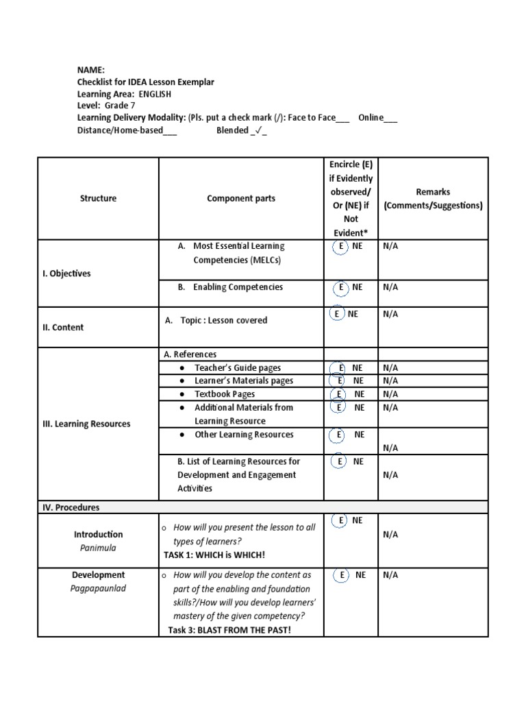 Grade 7 English Lesson Checklist | PDF | Change | Learning