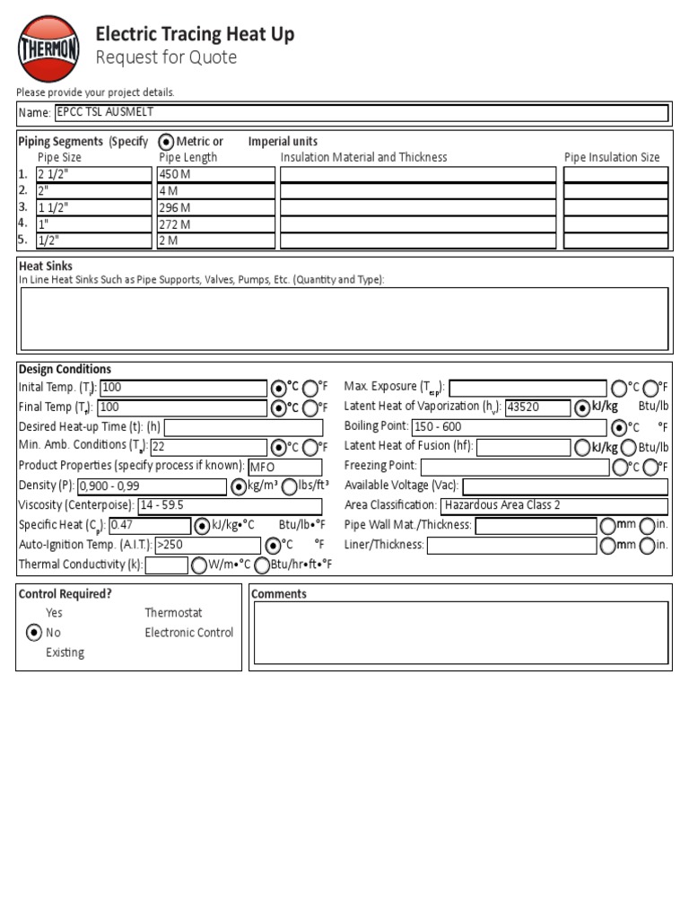 Electric Heat Tracing RFQ Form | PDF
