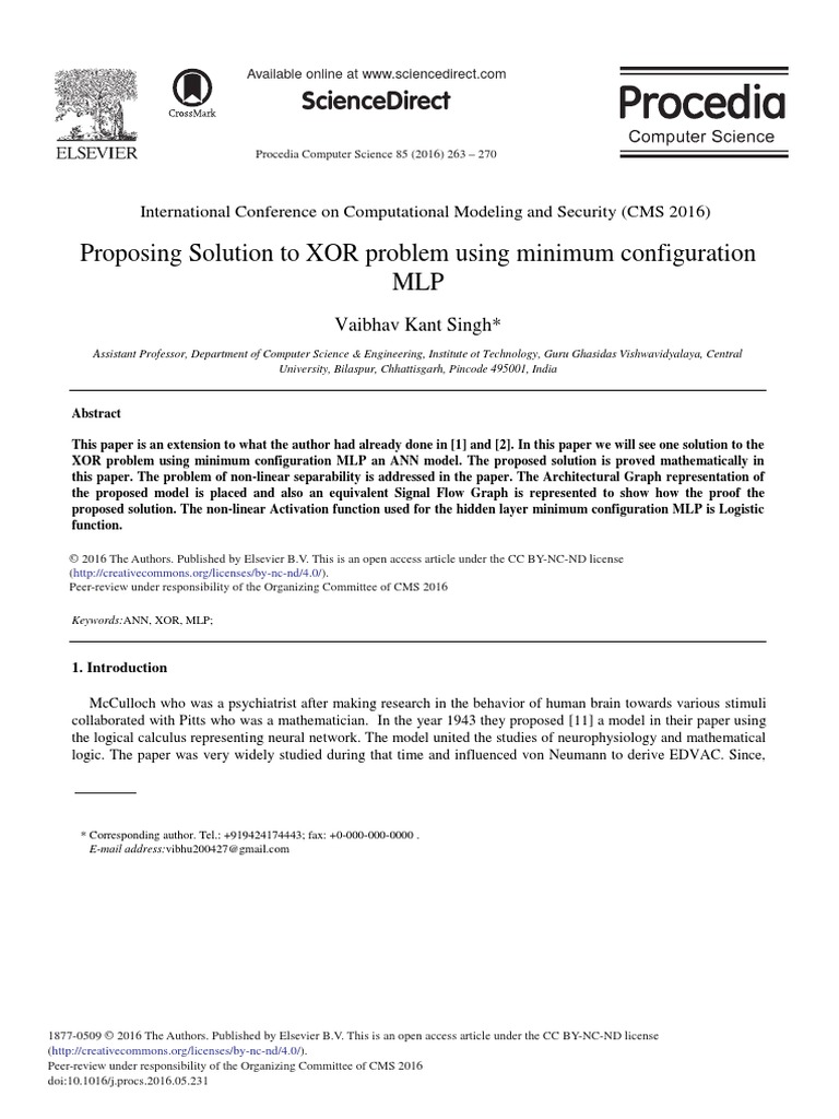 Proposing Solution To XOR Problem Using Minimum Configuration MLP | PDF ...