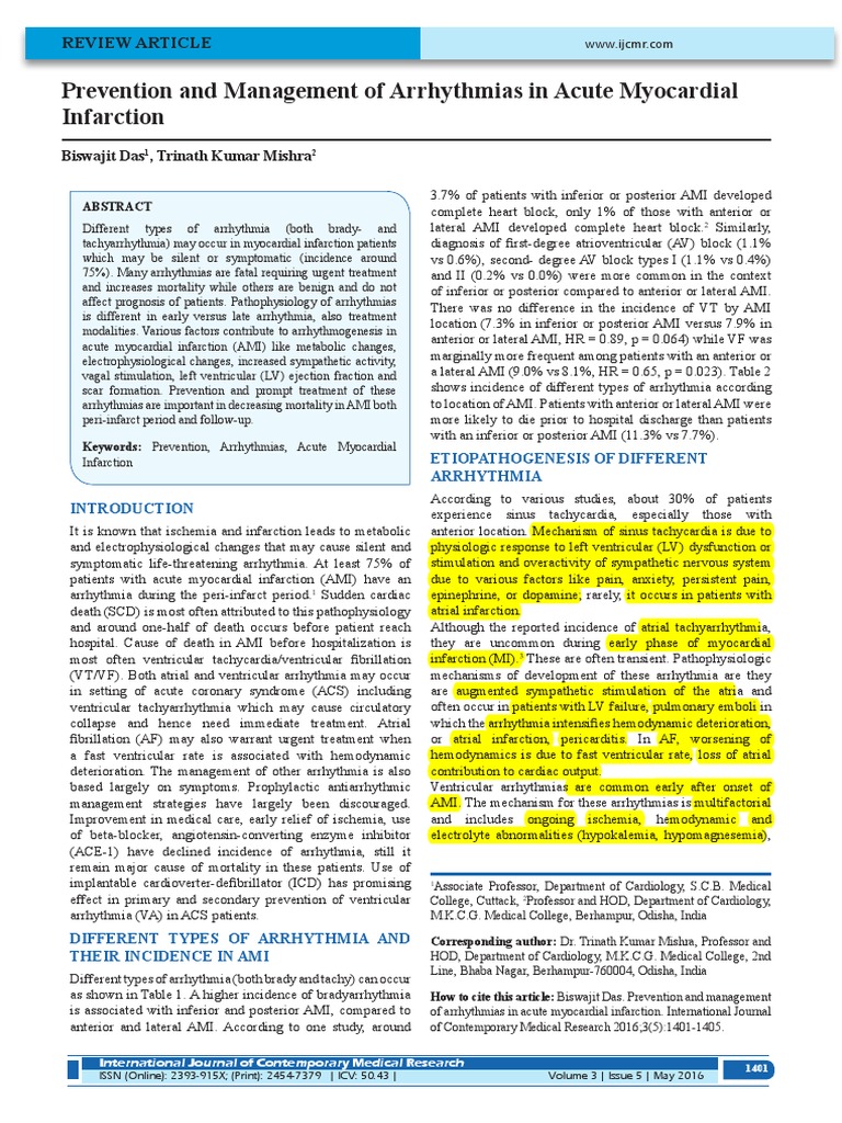 Prevention and Management of Arrhythmias in Acute Myocardial Infarction ...
